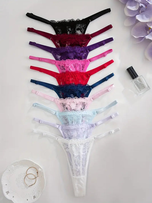 10-pcs Pack Elegant Ultra Soft Low-Rise Thongs Lace Panties String