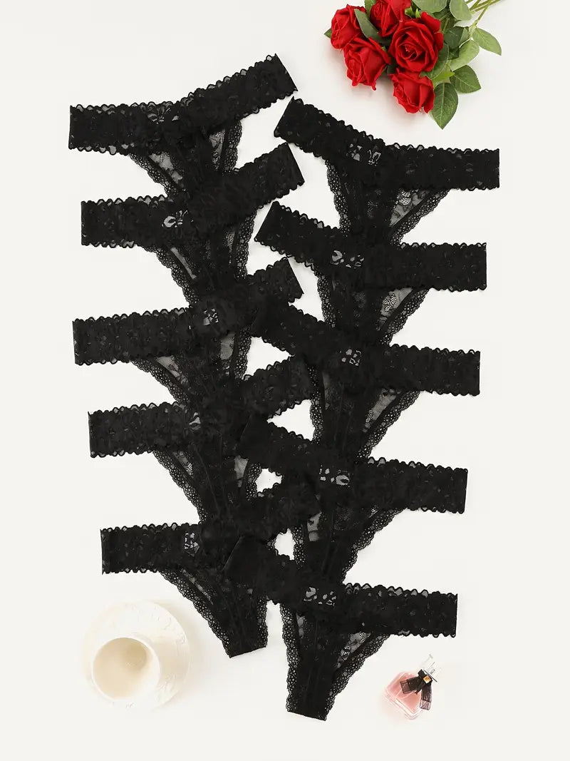 10-pcs Pack Black Classic Floral Lace Thongs