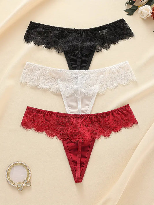 3-pcs Pack Elegant Lace Trim Satin Women's Low-Rise Breathable Thong (Red, Black, White)