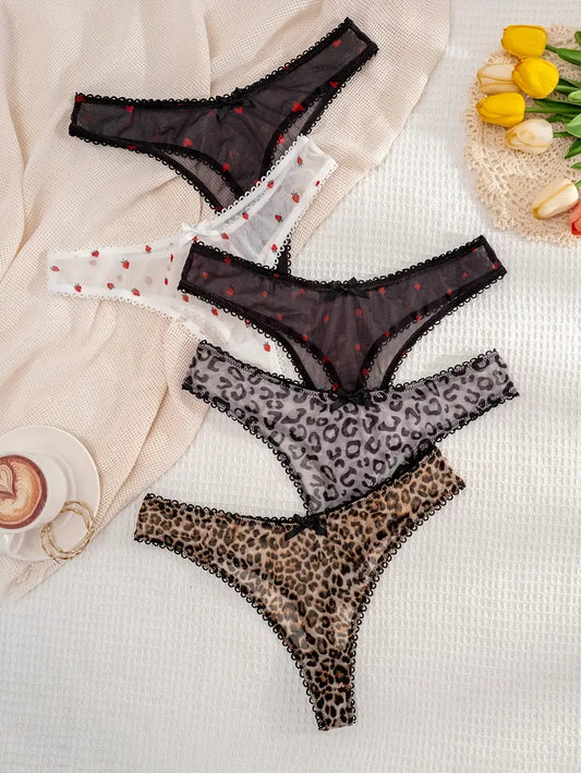 5-pcs Pack Soft Thong Panties Underwear with Strawberry Heart Leopard Print