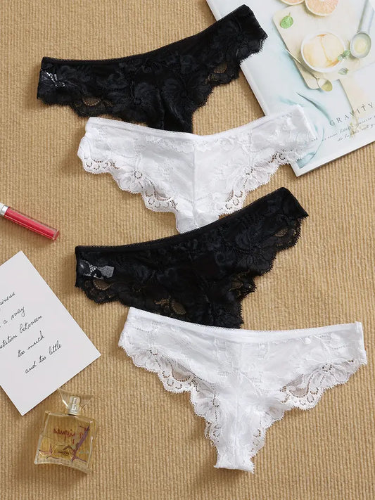 4-pcs Pack Low-Rise Thong Underwear Floral Lace Trim