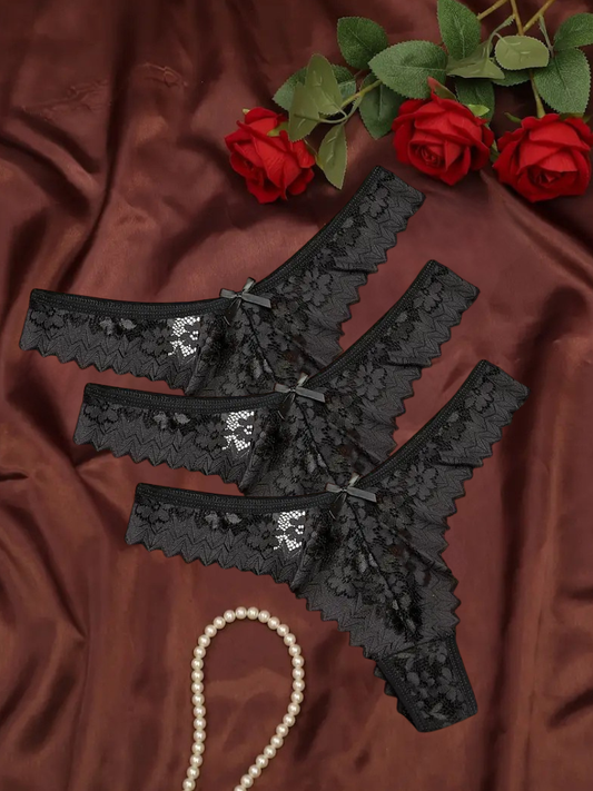 3-pcs Pack Comfortable V-STRING Panties Lace Thongs (different variations of colors)