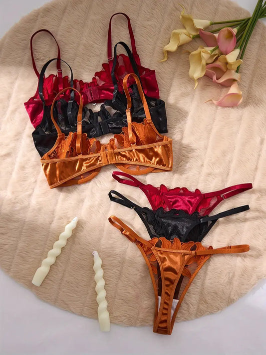 3 Sets Floral Lingerie Set(Black, Wine Red, Golden)