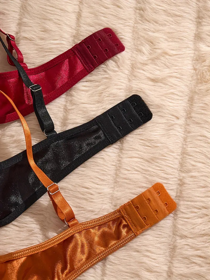 3 Sets Floral Lingerie Set(Black, Wine Red, Golden)