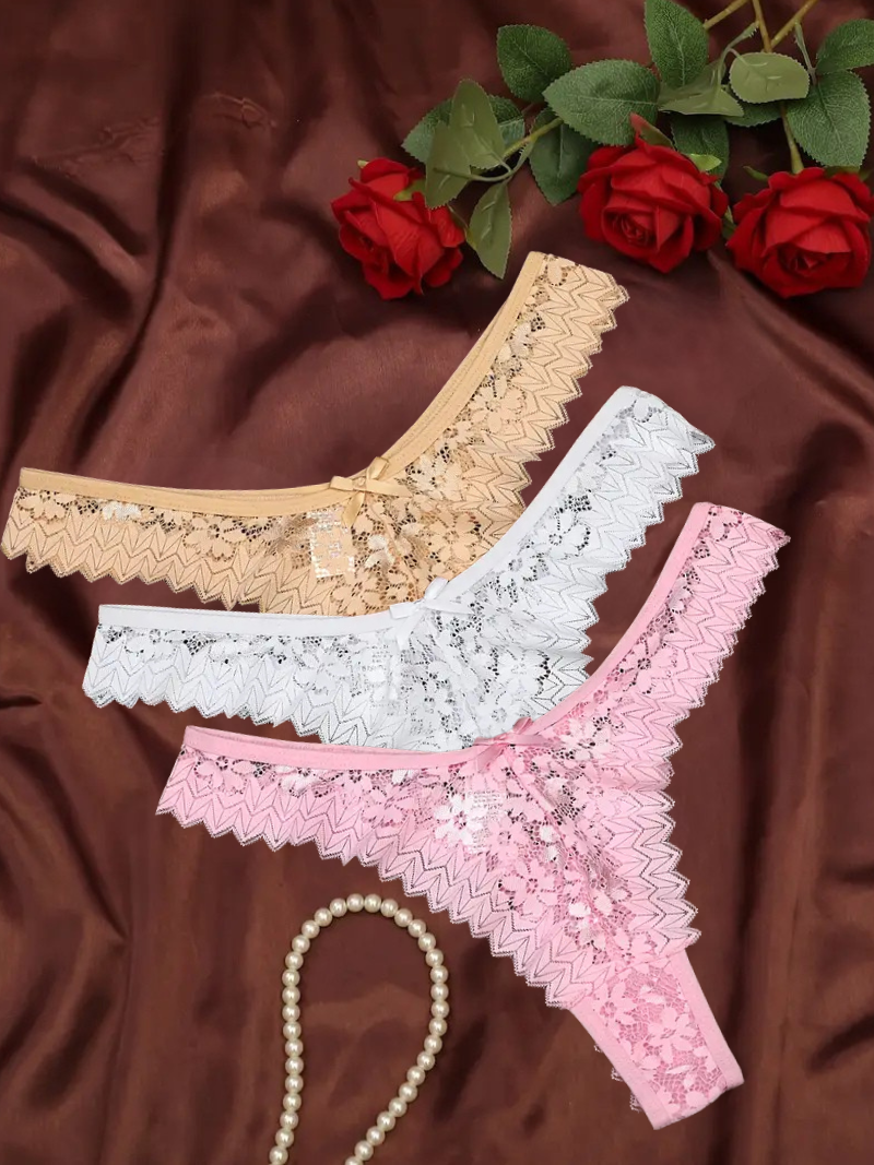 3-pcs Pack Comfortable V-STRING Panties Lace Thongs (different variations of colors)
