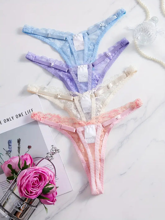 4-pcs Pack Solid Floral Lace Thongs Mixed 4 Colors