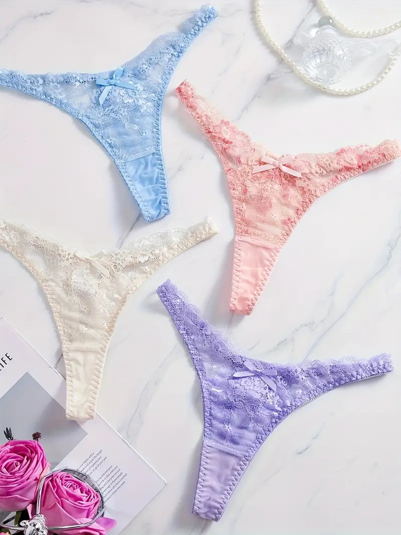 4-pcs Pack Solid Floral Lace Thongs Mixed 4 Colors