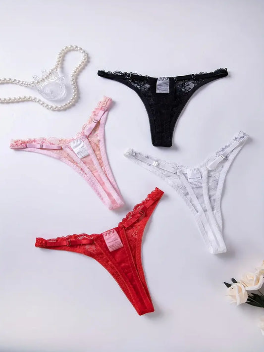 4-pcs Pack Solid Floral Lace Thongs Mixed 4 Colors