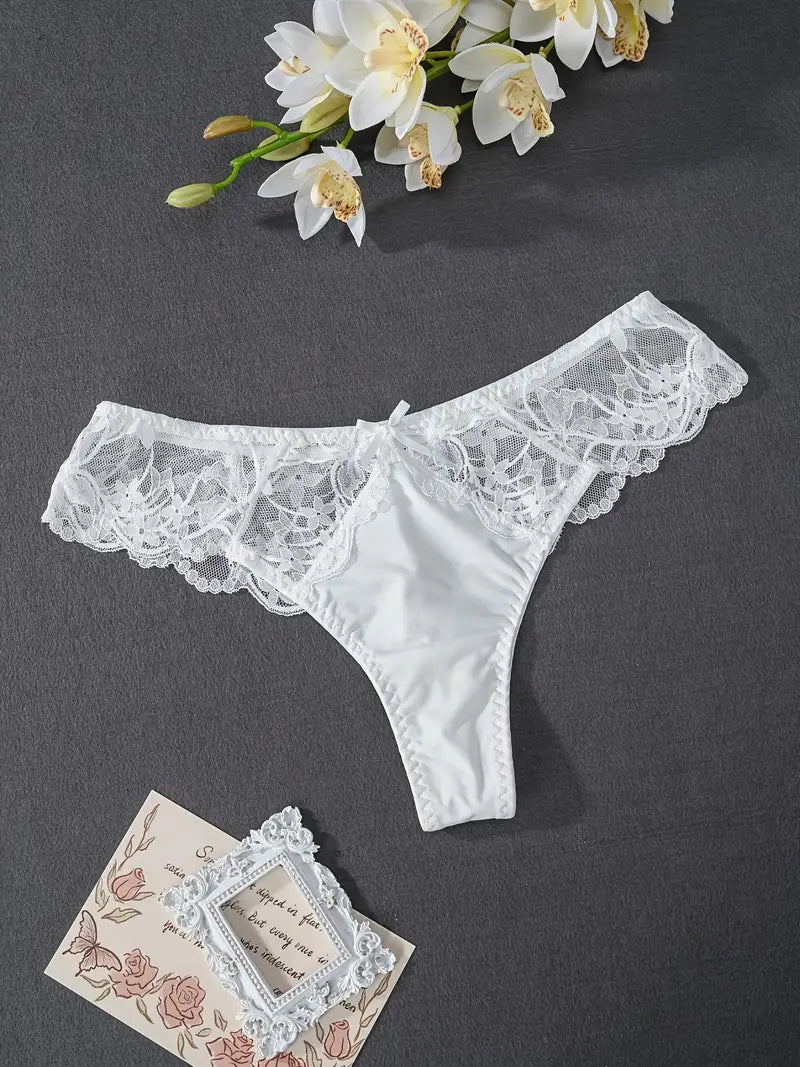 5-pcs Breathable Pack Lace-Trimmed Thongs Semi-Sheer Panties with Floral
