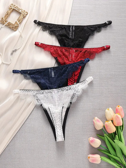 4-pcs Pack Elegant Seamless Thong Panties Lace Thongs(Black, Navy Blue, White and Red)