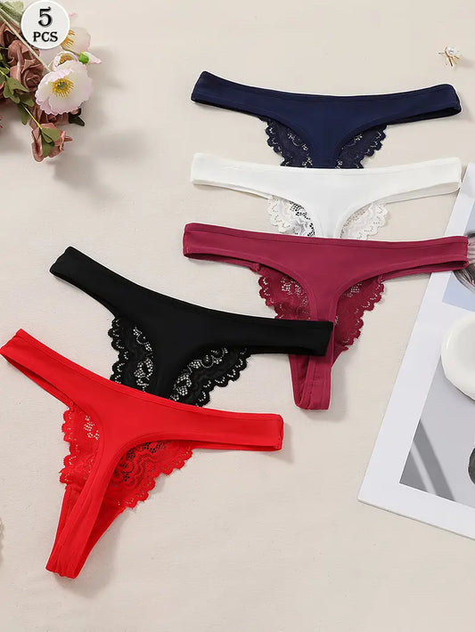5-pcs Comfortable Soft Pack Lace Thongs 5 Colors