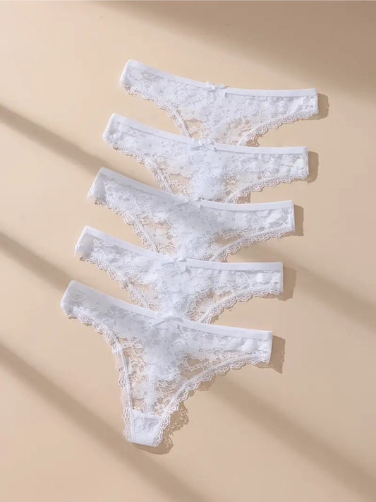 5-pcs Pack Simple White Lace Comfortable Panties Thongs