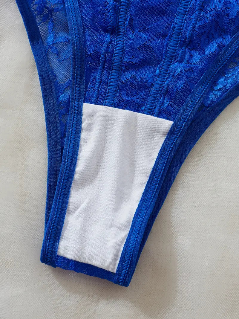 Elegant Blue Lace Bodysuit with Matching Corset Style Bodysuit