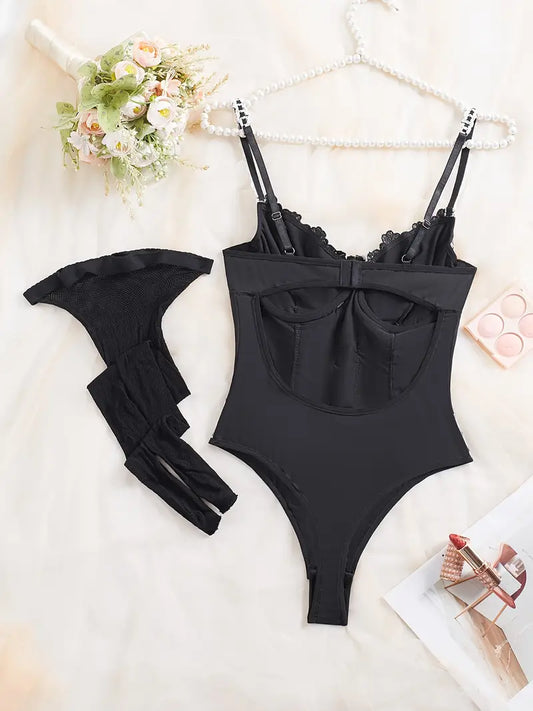 Black Elegant Bodysuit Floral pattern