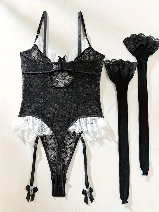 Elegant Black Lace Sexy Bodysuit with Matching