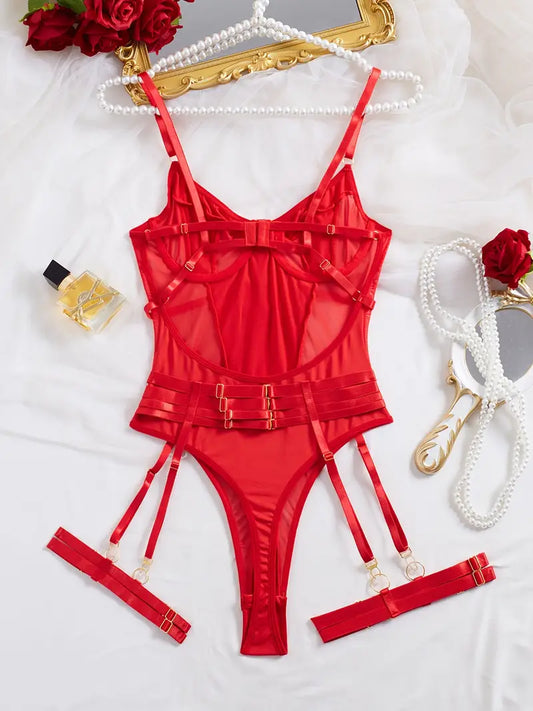 Red Mesh Bodysuit with Golden Accents - Sheer Lingerie Outfit with Adjustable Straps