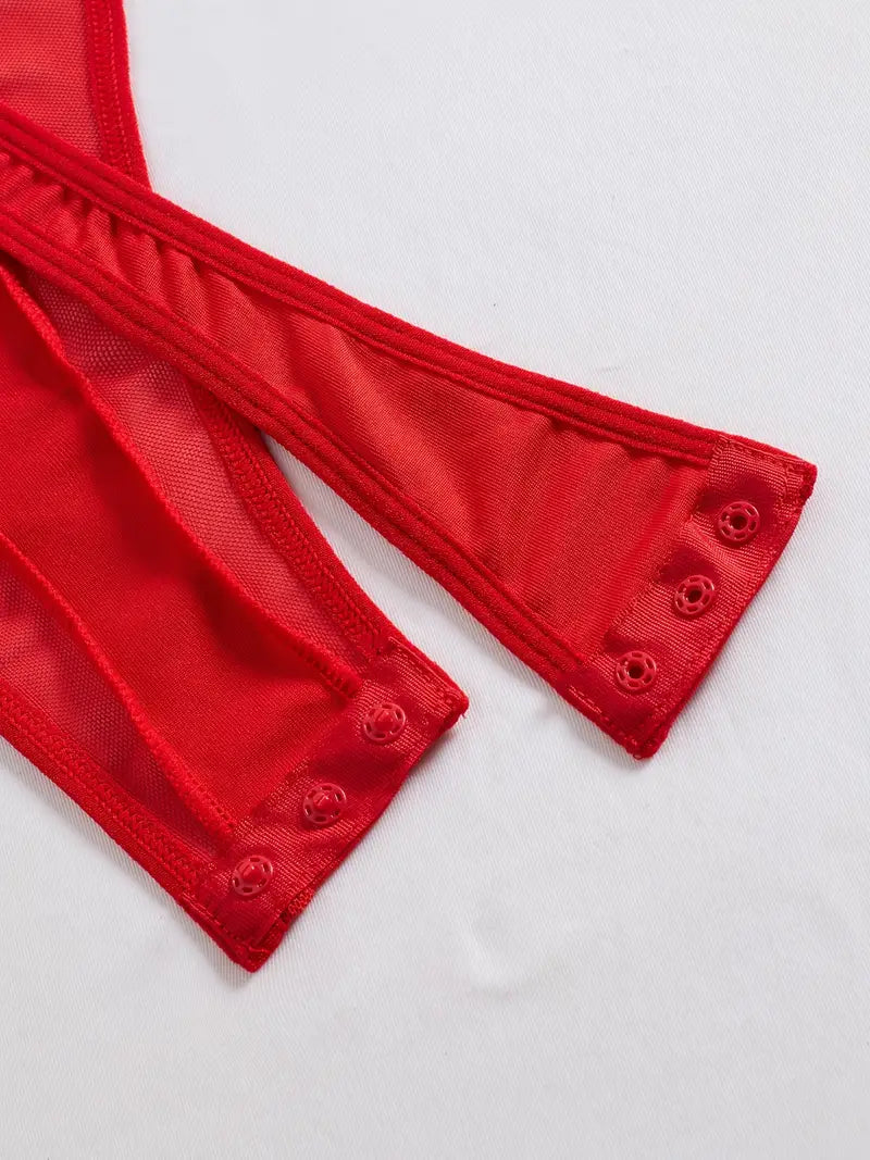 Red Mesh Bodysuit with Golden Accents - Sheer Lingerie Outfit with Adjustable Straps
