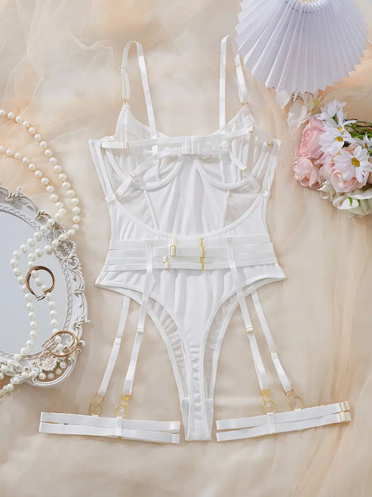 White Mesh Bodysuit with Golden Accents - Sheer Lingerie Outfit with Adjustable Straps