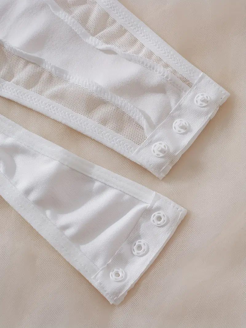 White Mesh Bodysuit with Golden Accents - Sheer Lingerie Outfit with Adjustable Straps