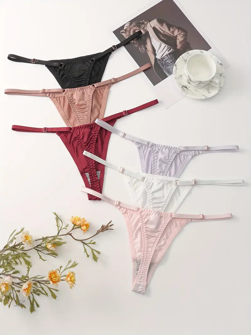 5-pcs Pack Luxury Soft Satin Thongs Mid-Rise V-String Panties