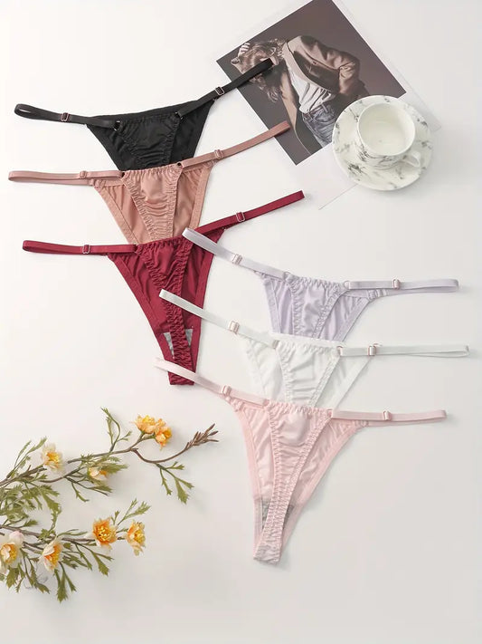 5-pcs Pack Luxury Soft Satin Thongs Mid-Rise V-String Panties