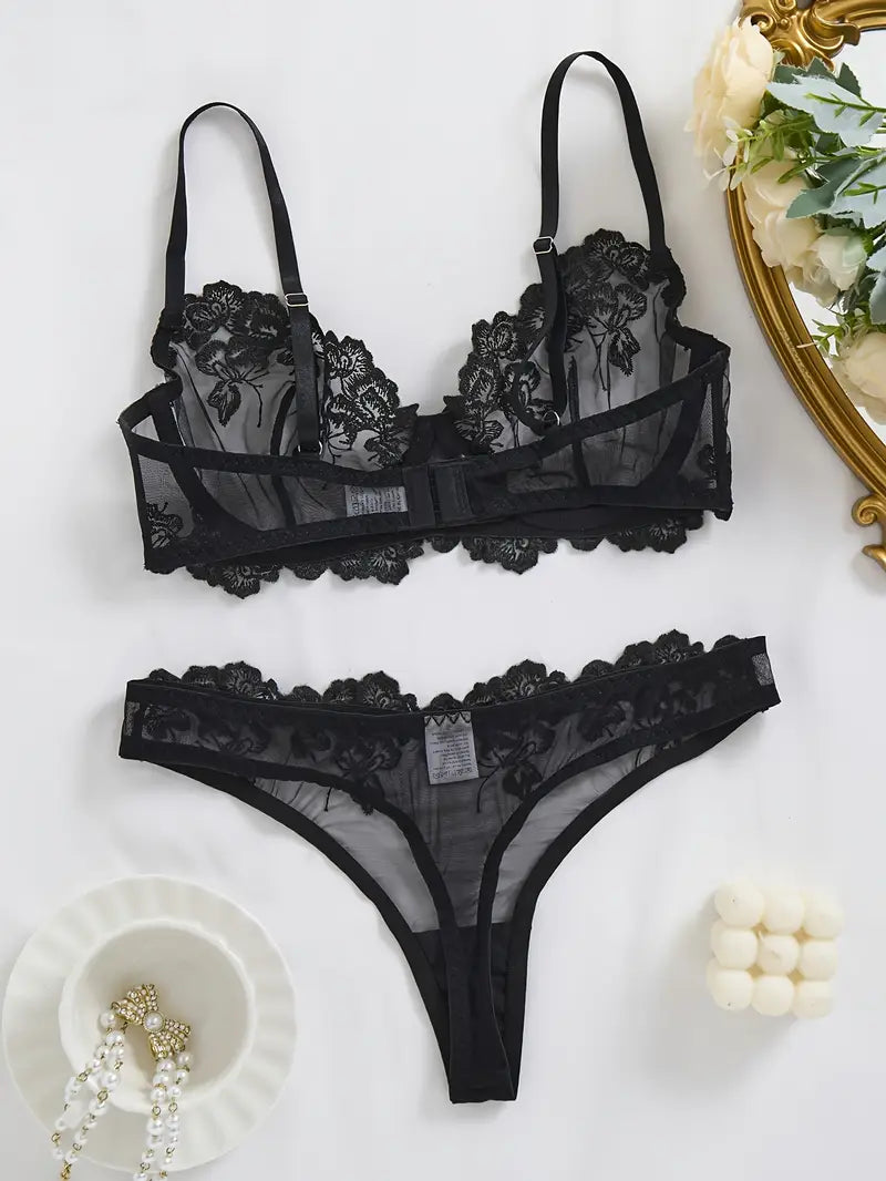 Black Classic Elegant Floral Embroidered Lingerie Set