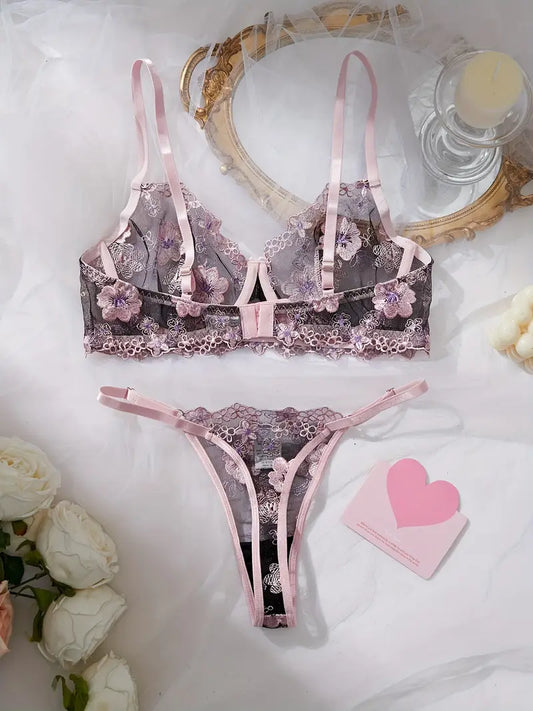 Romantic Pink Floral Sexy Underwear Set Delicate Embroidery