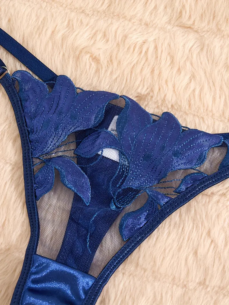 3 Sets Floral Fashionable Lingerie Set (Blue, White, Black)