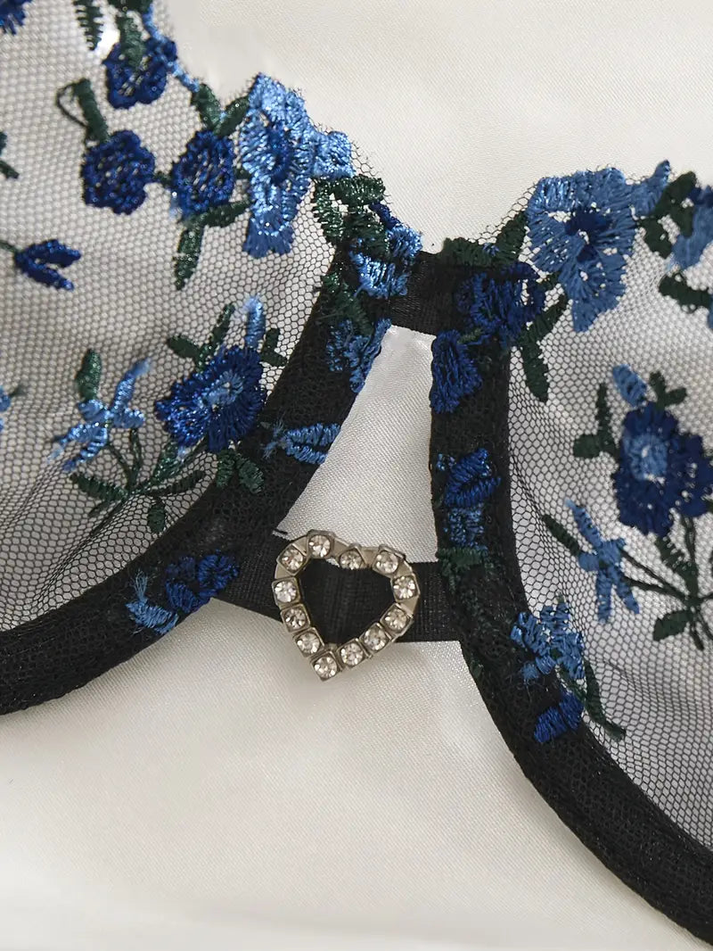 Elegant Floral Navy Blue Bra and Thong Set