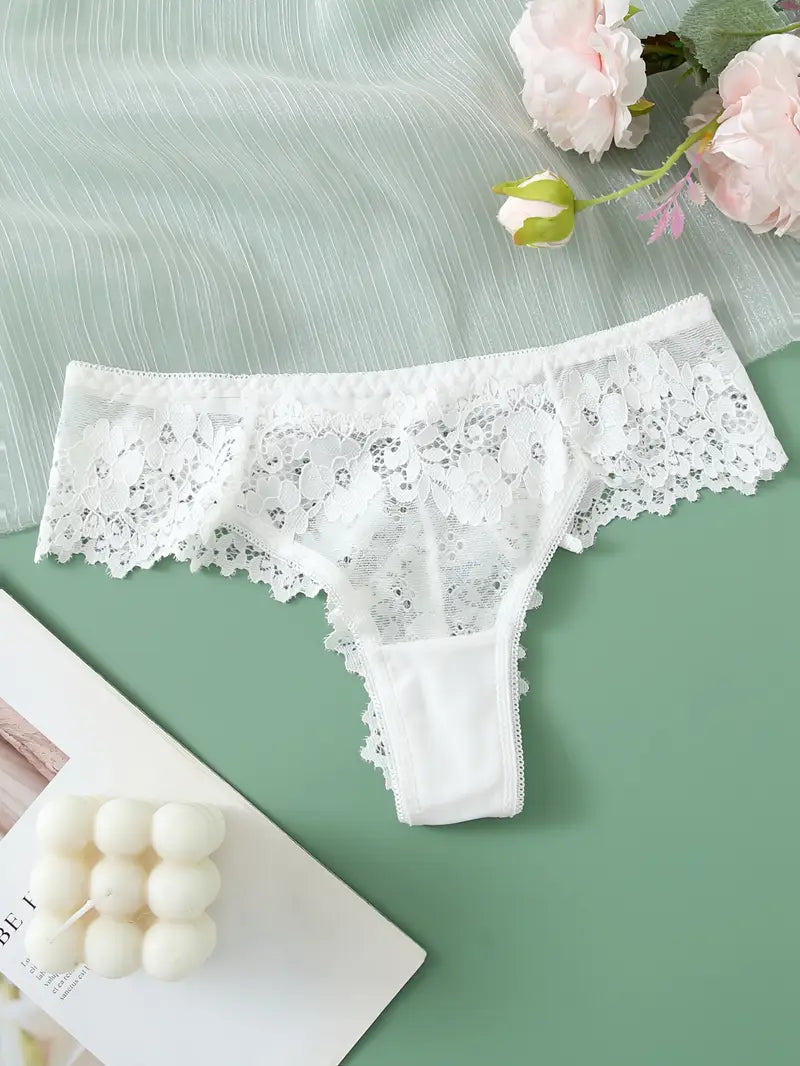 5-pcs Pack Low-Rise V-String Panties (Black/Red/Blue/Brown/Beige) with Contrast Lace Trim