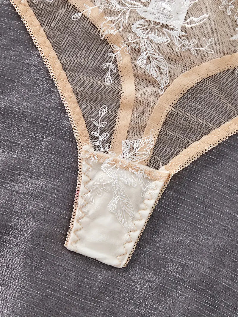 Sexy Lingerie Champagne Lace Bra & Low-Rise Thong Set