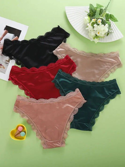 5-pcs Pack Low-Rise Lace Briefs Satin Elegant Lace Underwear Cheeky Panties