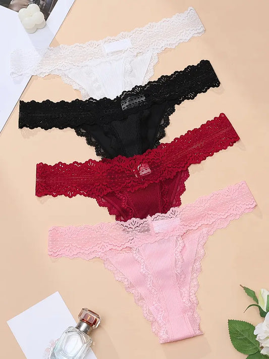 4-pcs Pack Cute Lace Trim Soft Breathable V-String 4 Colors (Red/White/Black/Pink)