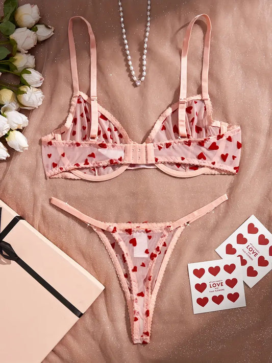 Lingerie Set With Sexy See-through Mesh And Heart-embroidered Wraparound Bra