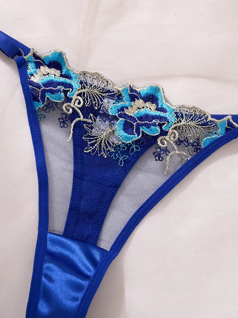Blue Floral Lace & Mesh Sheer Sexy Lingerie Set