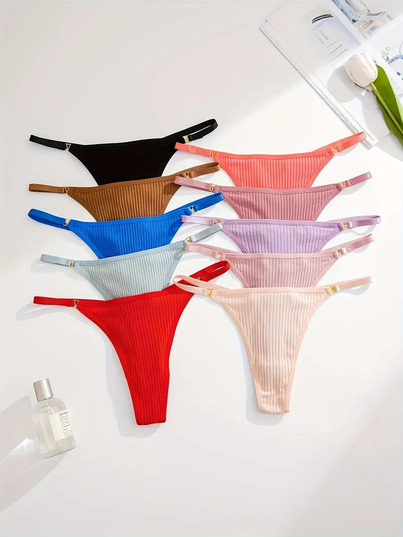 10-pcs Pack Comfortable and Soft Elegant Solid Strings Underwear Thong Multicolor