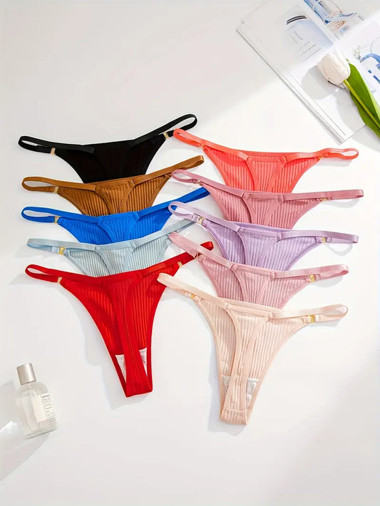 10-pcs Pack Comfortable and Soft Elegant Solid Strings Underwear Thong Multicolor