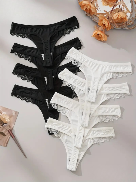 8-pcs Pack Elegant Low-Rise Soft Satin Lace Trim Thong Panties Black & White