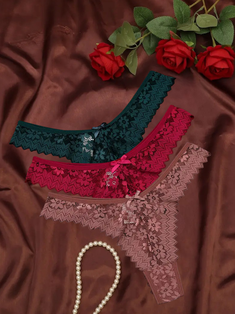 3-pcs Pack Comfortable V-STRING Panties Lace Thongs (different variations of colors)