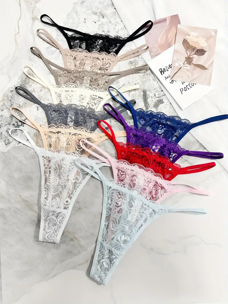 12-pcs Pack Comfortable Lace  Mid-Rise Thong Panties Strings Floral Multicolor