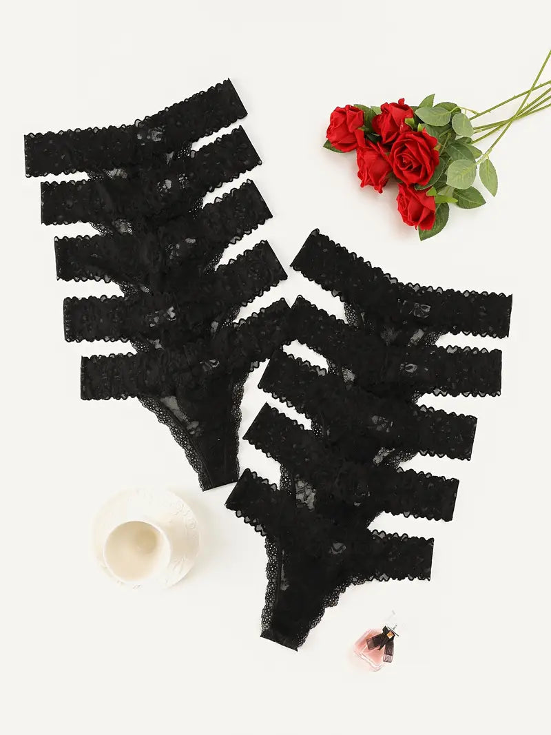10-pcs Pack Black Classic Floral Lace Thongs
