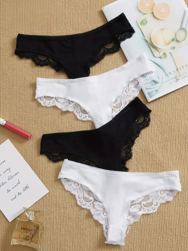4-pcs Pack  Low-Rise Thong Underwear Floral Lace Trim