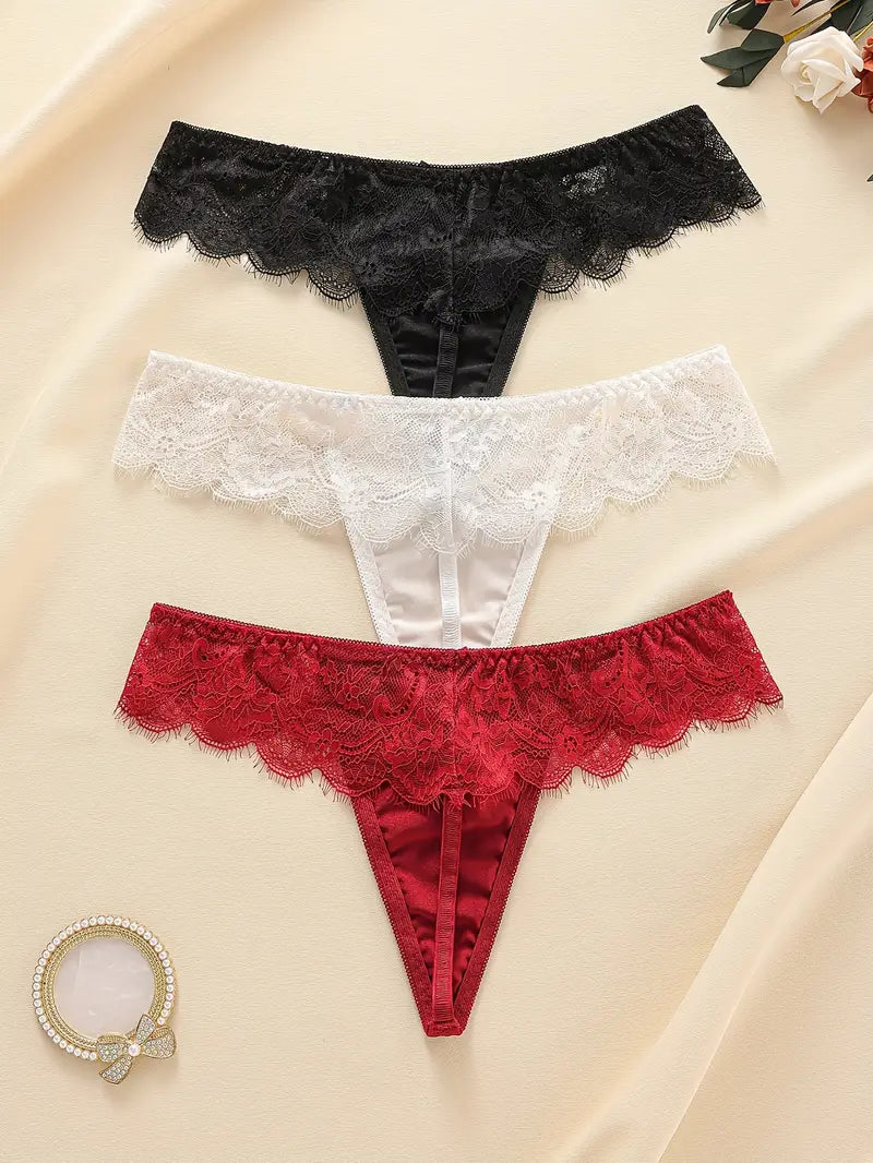 3-pcs Pack Elegant  Lace Trim Satin Women's Low-Rise Breathable Thong (Red, Black, White)