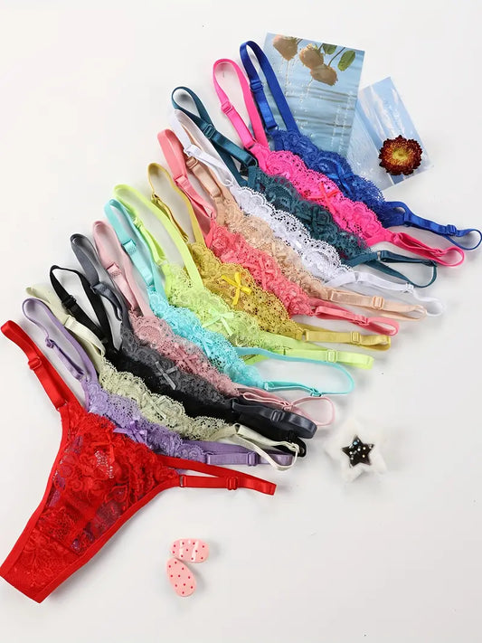 15-pcs Pack Low-Rise Thong Panties Floral Lace 15 different colors