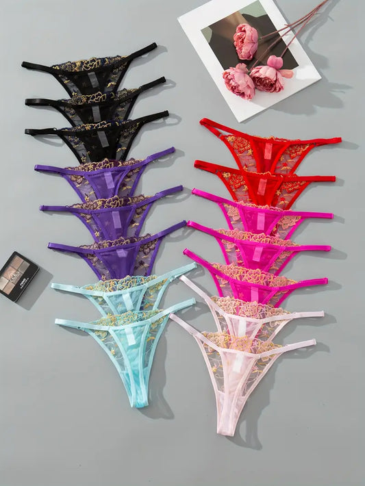 15-pcs Pack Thong Panties Floral Lace 6 Colors