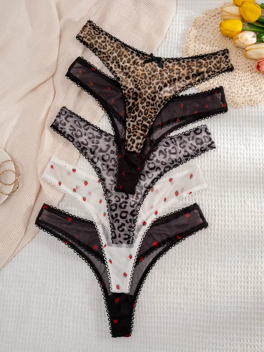 5-pcs Pack Soft Thong Panties Underwear with Strawberry Heart Leopard Print