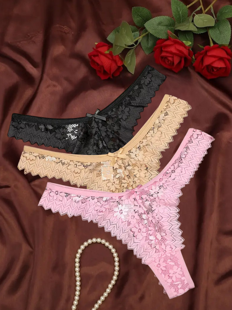 3-pcs Pack Comfortable V-STRING Panties Lace Thongs (different variations of colors)