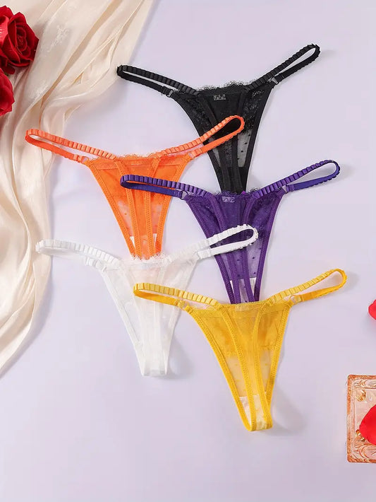 5-pcs Pack Comfortable & Seamless Lace Thongs 5 Solid Colors (Black, White, Yellow, Orange, Purple)