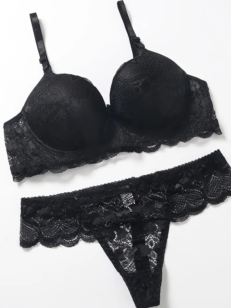 Push Up Thong Bra Set Black