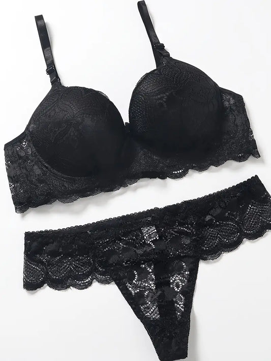 Push Up Thong Bra Set Black